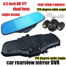 Портативный 4.3 дюймов Видеорегистраторы для автомобилей Зеркало заднего вида Двойной объектив видео Регистраторы Ночное видение спереди 170 и обратно 120 градусов широкий угол