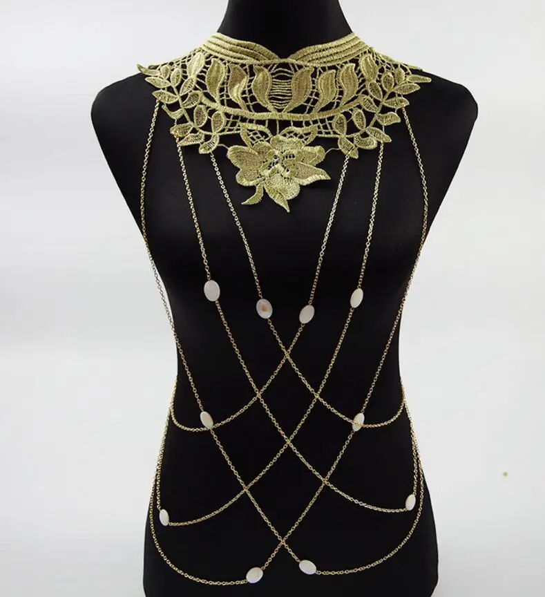 2016 New Gold Body Chain Women Big Lace Flower Necklaces& Pendants Body