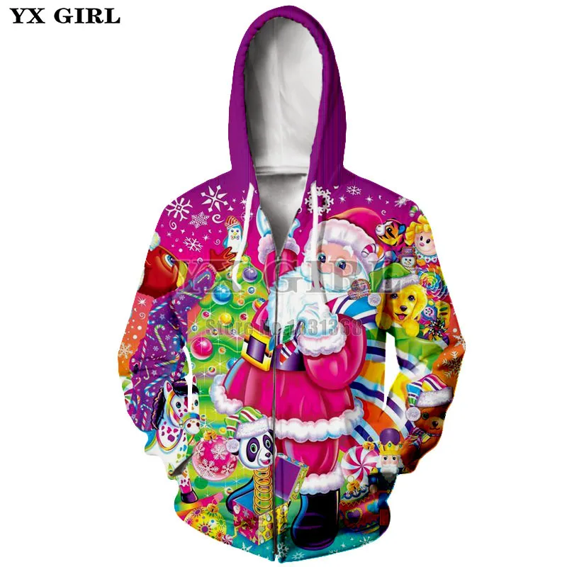 

YX GIRL Brand Lisa Frank Dolphins /Hunter/Unicorn Sweatshirt Psychedelic 3d Printed zip Hoodies Women Men Autumn Style Jumper