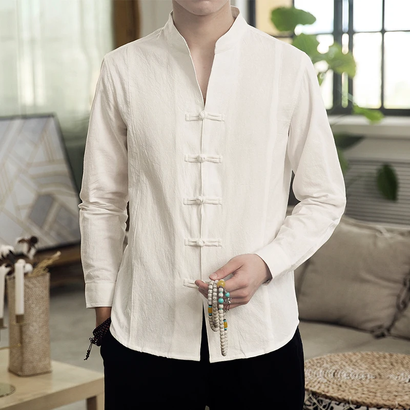 Sinicism Store Men Clothes Man Cotton Linen Casual White Shirts Long Sleeve Shirts Male Chinese Style Solid Shirts - Цвет: White(Asian Size)