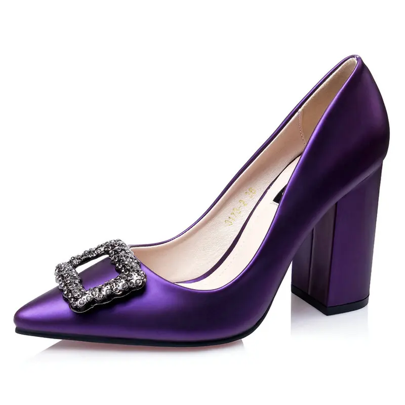 

B1-2 Size34-39 Women Patent Leather Colors Pumps Female Thick Heels Shoes Lady Elegant Metal Decoration Career Party Shoe Woman