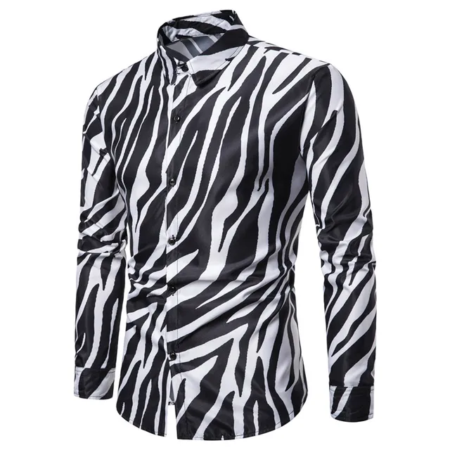 2019 New Party Zebra Striped Mens Shirts Casual Slim Fit Long