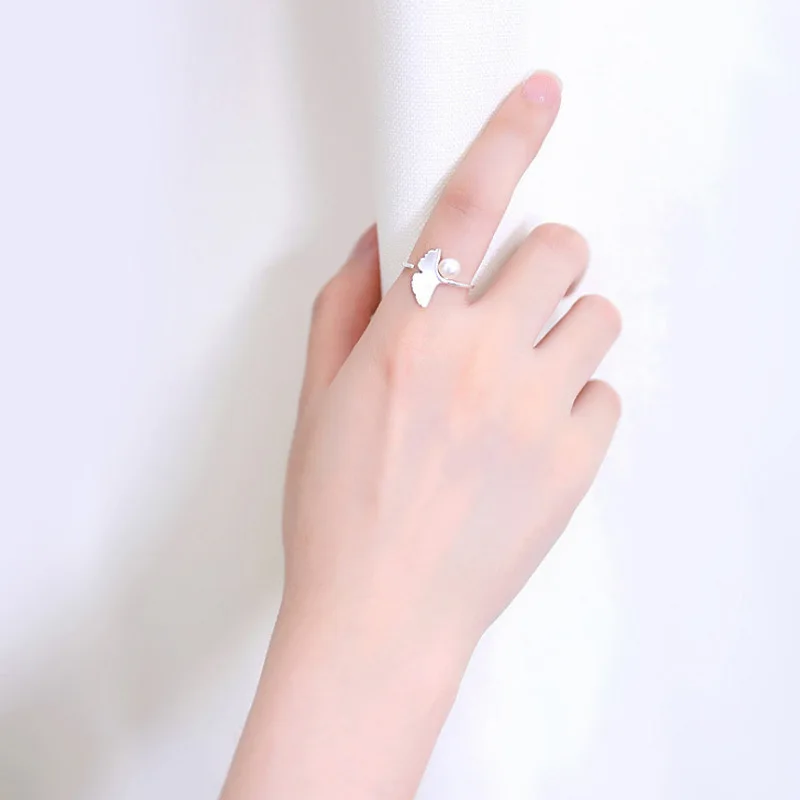 

Silver Ginkgo Flowers Open Rings Imitation Pearl Ginkgo Leaf Ring For Women Elegant Lady 925 Sterling Jewelry