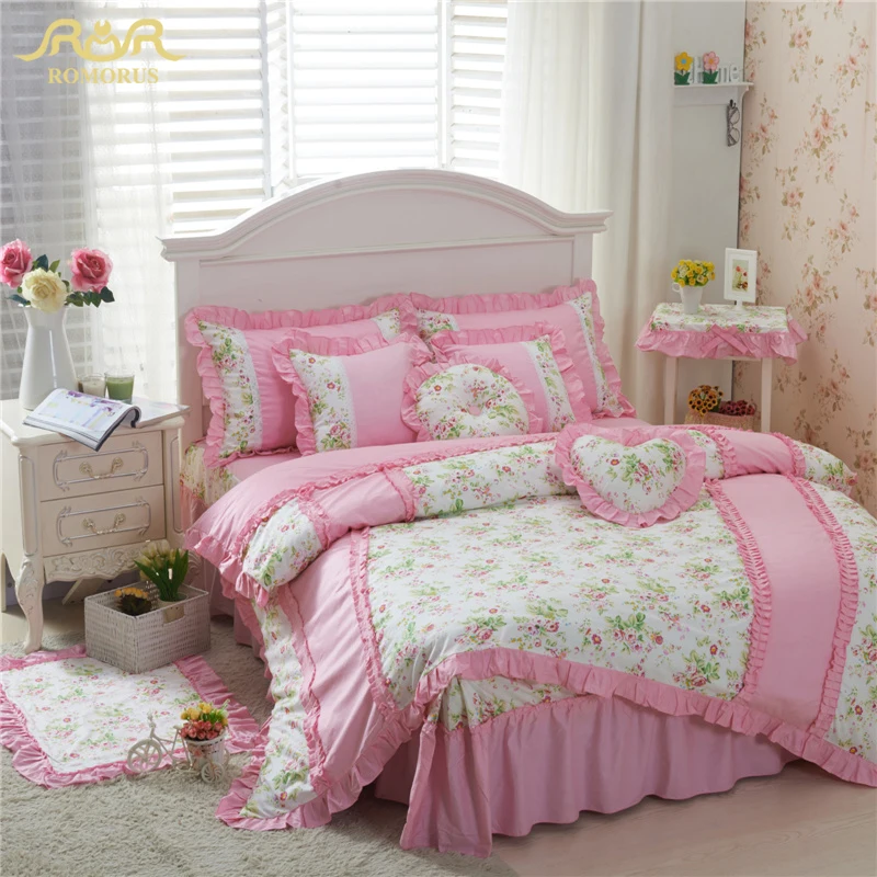 

ROMORUS 100% Cotton Pink/Green Beautiful Korean Princess Bedding Set 4 pcs for Girls Queen King Size Bed Skirt Duvet Cover Sets