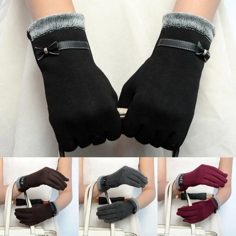 Перчатки для Для женщин женские Сенсорный экран варежки Обувь с овечьей шерстью зима бантом Теплые Перчатки сплошной цвет Бесплатная