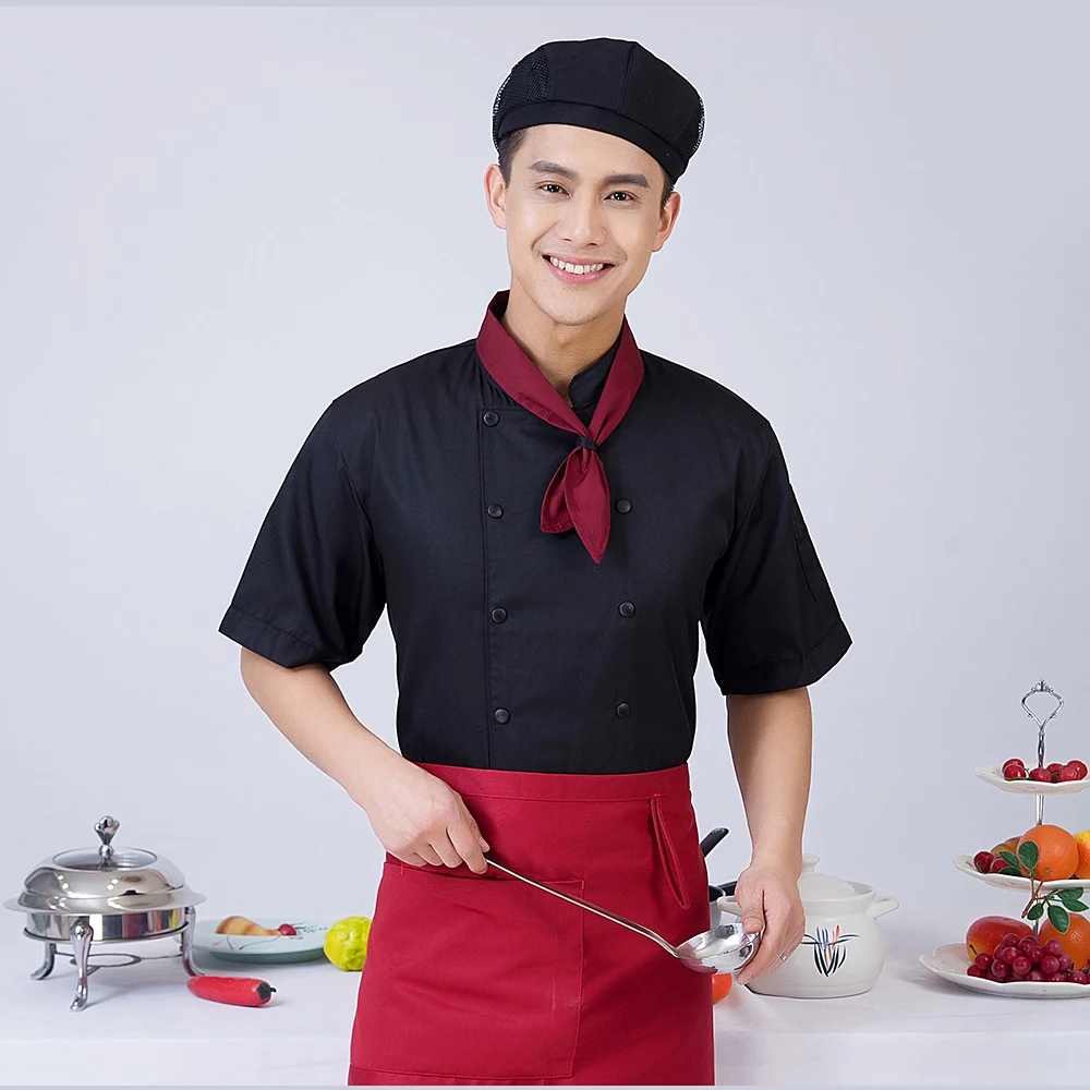 Новый высокое качество женский мужской с коротким рукавом двубортный шеф-повар униформа с галстуком кухня пекарня отель шеф-повар куртка