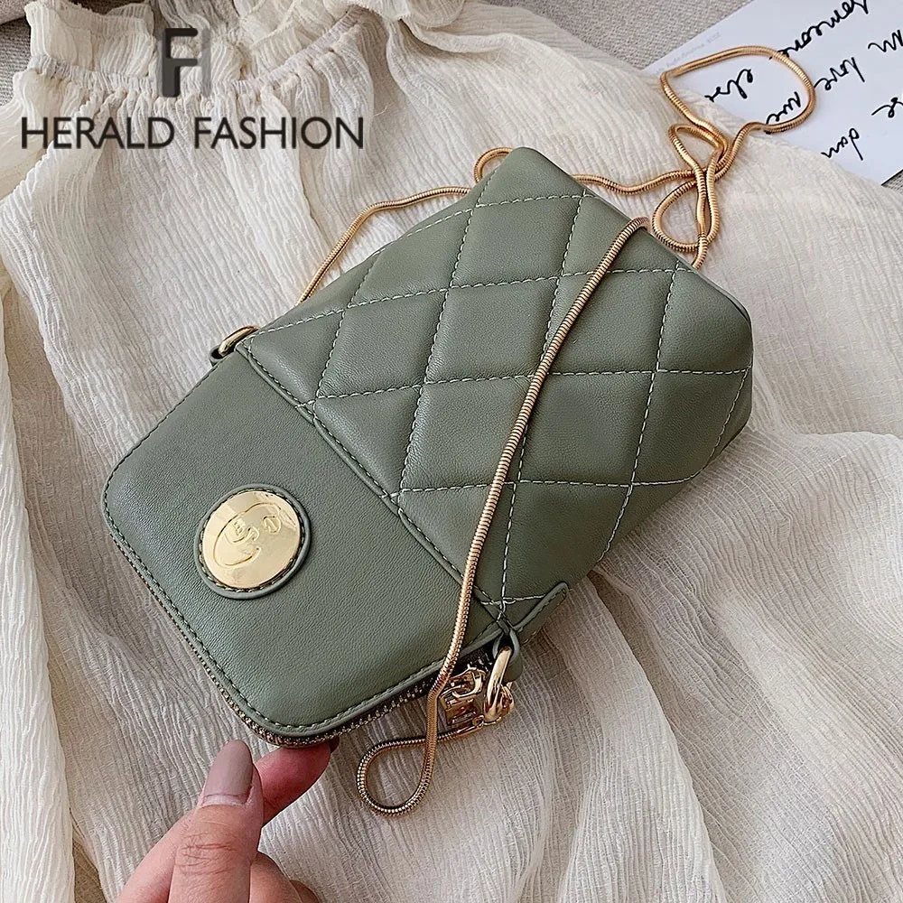 

Herald Fashion Small Women Mobile Phone Bags Quality Leather Chain Female Shoulder Bags Diamond Lattice Solid Ladies' Clutches