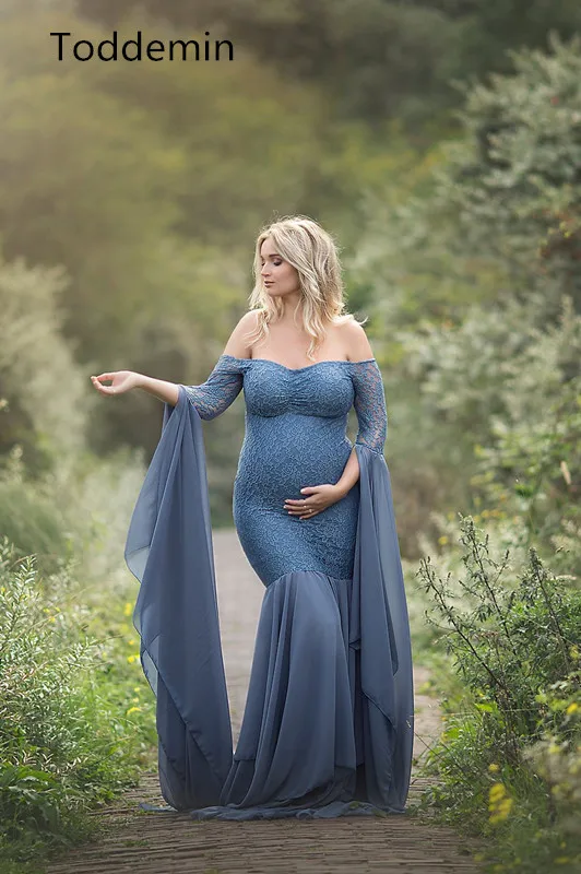 

Fashion Maternity Dress for Photo Shoot Maxi Maternity Gown Long Sleeves Lace Stitching Fancy Women Maternity Photography Props