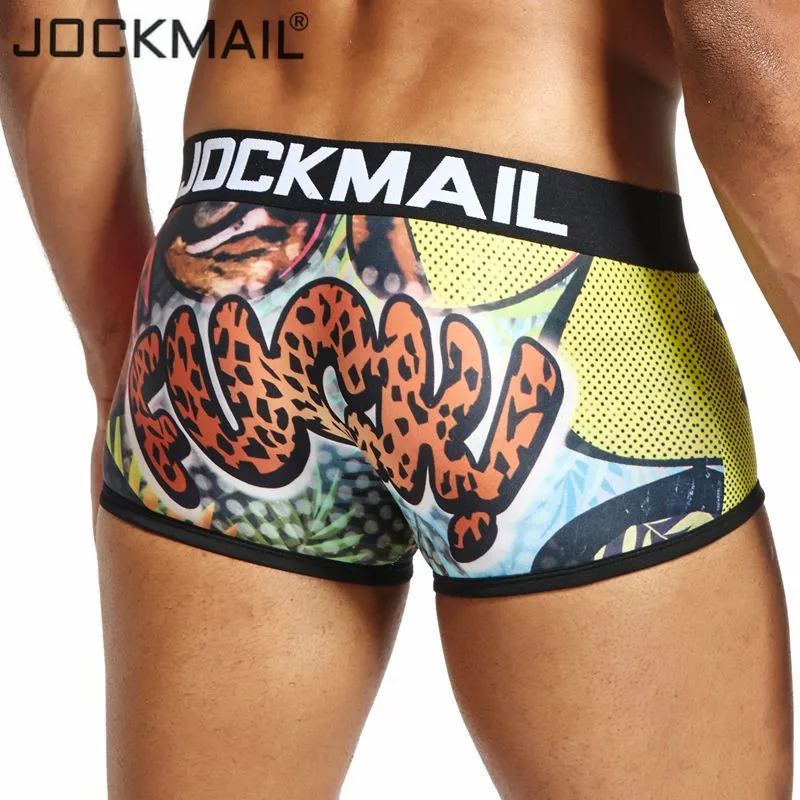 JOCKMAIL, сексуальное мужское нижнее белье, боксеры, игривое, с принтом, для геев, нижнее белье, низкая талия, дышащий, лед, шелк, мультяшный принт, мужские трусы-боксеры