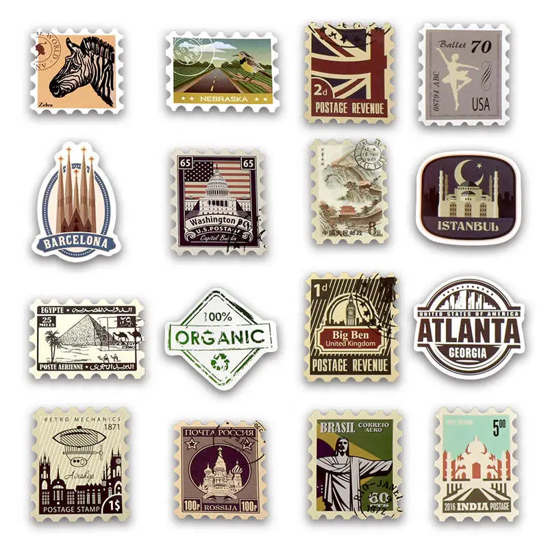 50pcs Retro Various Countries Stamps Mixed vinyl stickers for Laptop Refrigerator Luggage Decal Stickers For MacBook/HP Notebook