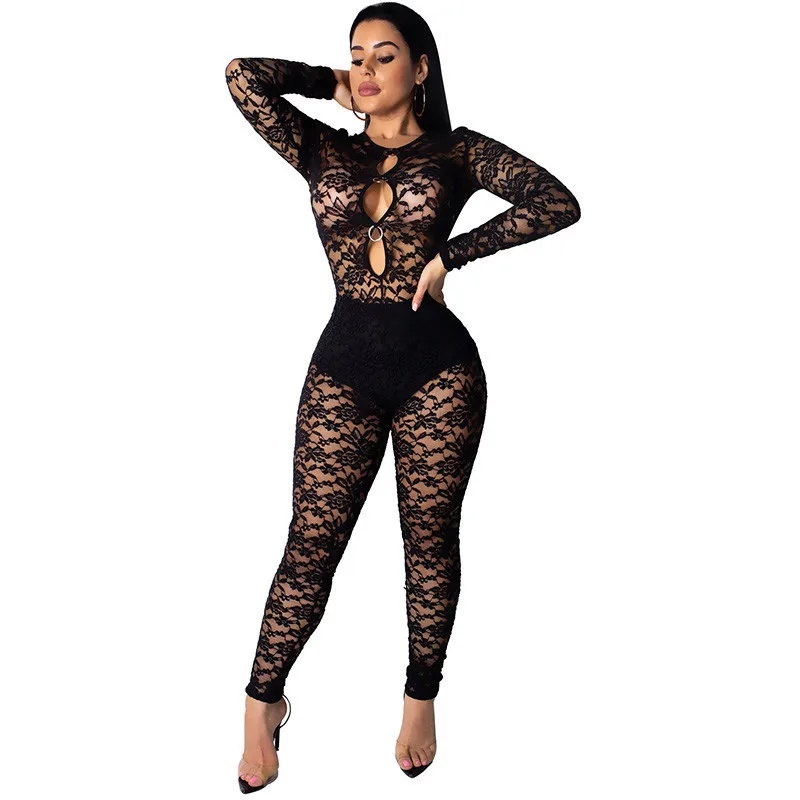 

Women Long Sleeve Black Lace Jumpsuit Sexy Hollow Out See Through Mesh Bodycon Romper Club Wear Party One Piece Jumpsuit Outfits