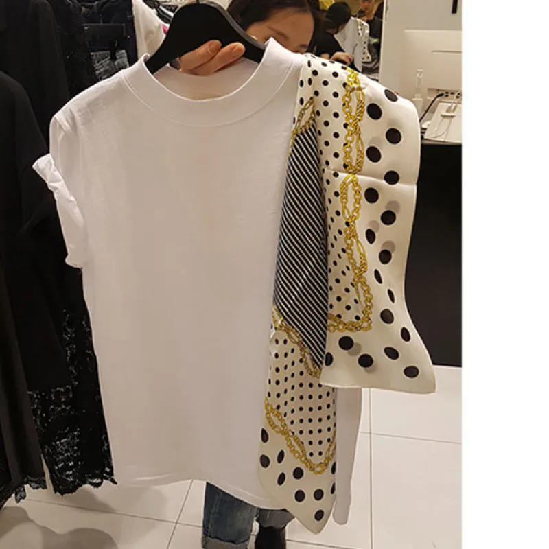 

Polka Dot Scarf Patchwork Summer 2019 Women Top New Fashion O-Neck Short Sleeve Tees Korean Chic Loose T Shirts J339