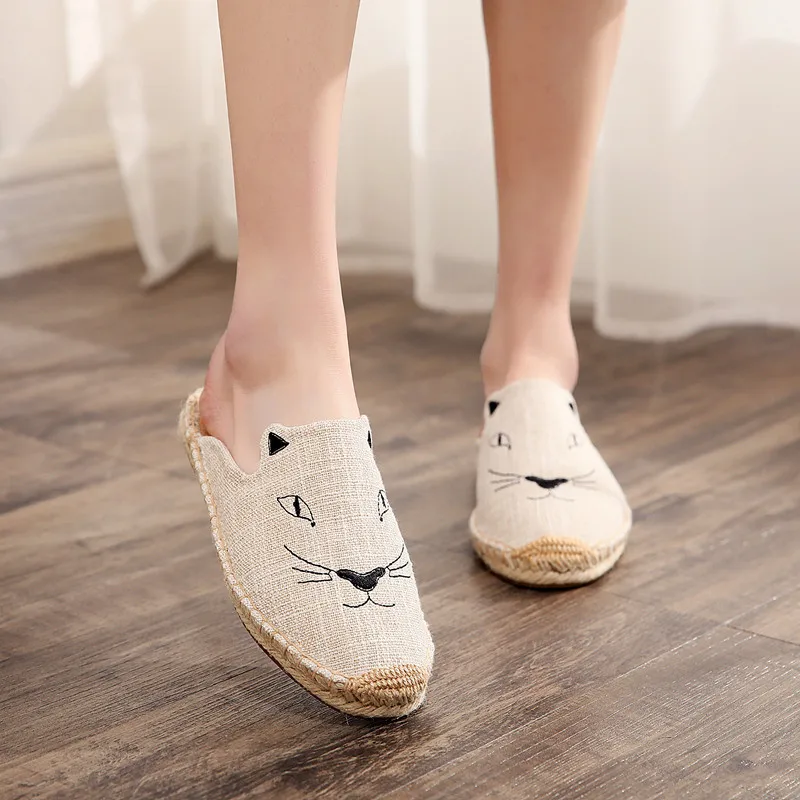 2019 Summer New Female Embroidery Cats Sippers Round Toe Lady Flat Espadrilles Slide Fisherman Shoes Slip On Women Beach Sandals (11)