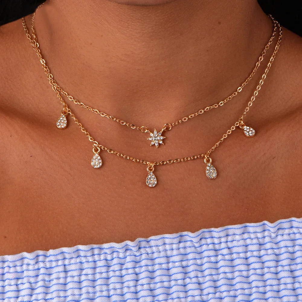

2018 New Simple Double Chian Neckalce For Women Gold Color Shining Crystal Fashion Link Clavicle Chian Pendant Necklace Jewelry