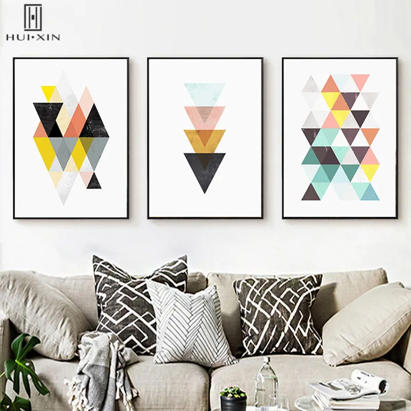 

Abstract Modern Paintings Made By Canvas Materials Differnet Color Of Several Triangles Circles Decorative Pictures For Home