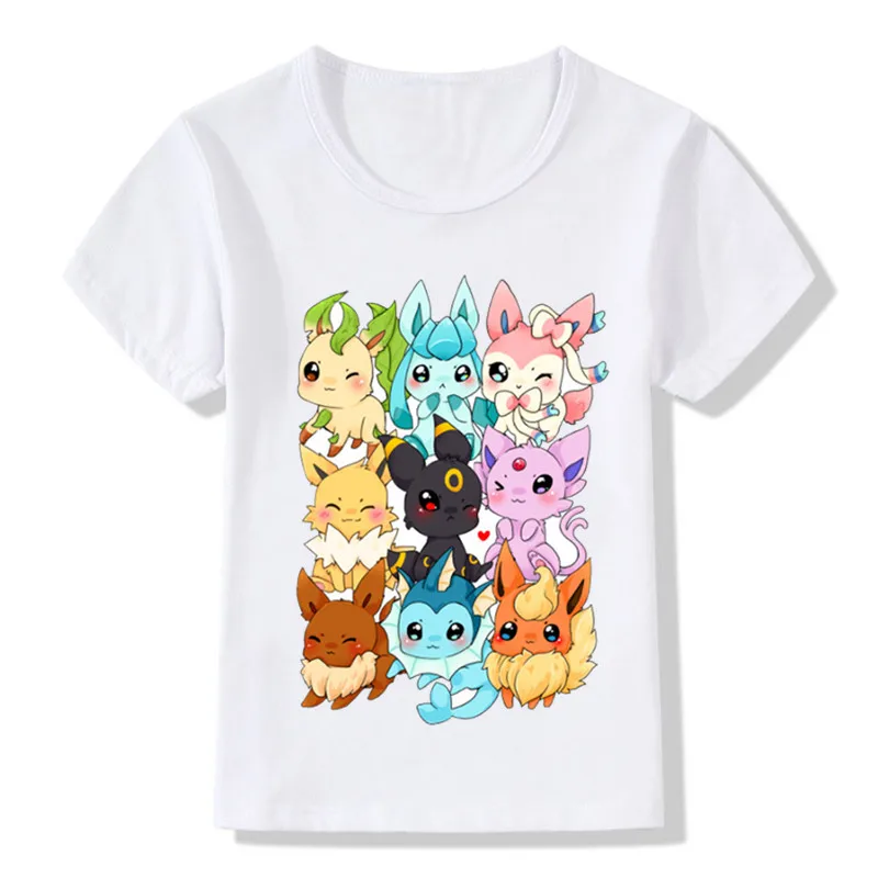 Мальчиков и девочек поп Eeveelutions с рисунком Pokemon Go Дизайн футболка детская повседневная одежда Детская летняя белая футболка, HKP5091