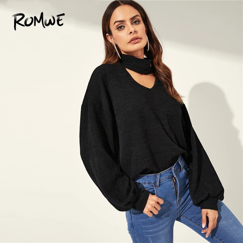  ROMWE Choker Neck Bishop Sleeve Pullover 2019 Black Fashion Women Spring Autumn Sweatshirt Stylish 