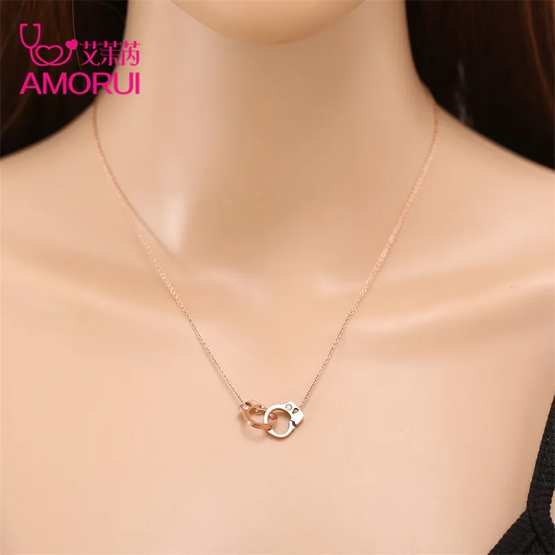 AMORUI Trendy Crystal Handcuff Round Women Rose Gold Silver Pendant Chain Necklace Stainless Steel Statement Women Choker