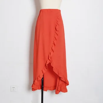 

Summer Women Solid Color Chiffon Casual Skirt Thin Ruffles Loose Ankle Length Beach Long Skirt