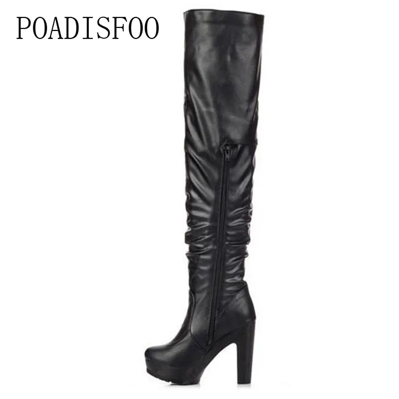 

POADISFOO Boots White Black Waterproof Platform Super High Heel Thick With Knee Boots Autumn And Winter women's Boots.XJ-777