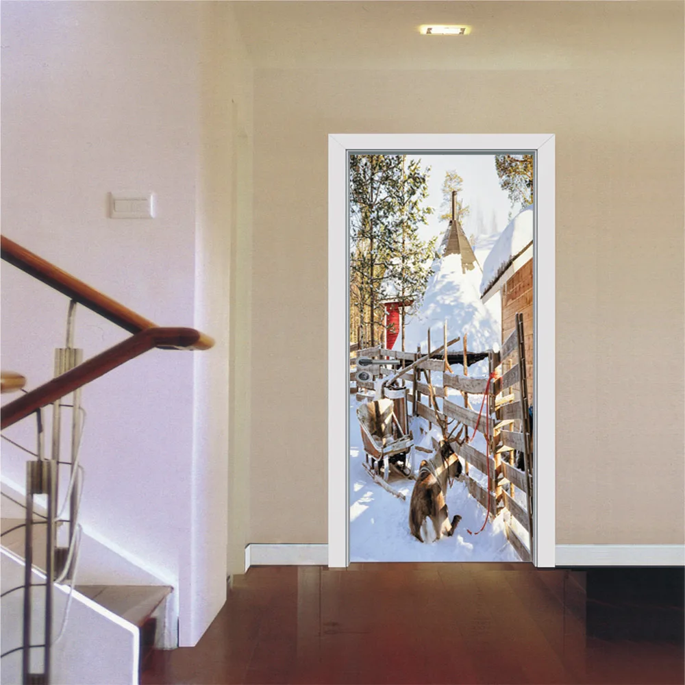 

2 sheets/pcs Festival Christmas Tree Door Wall Sticker Special Snowy Day Scenery Art Mural Poster for Cafe Restaurant Shop Decor