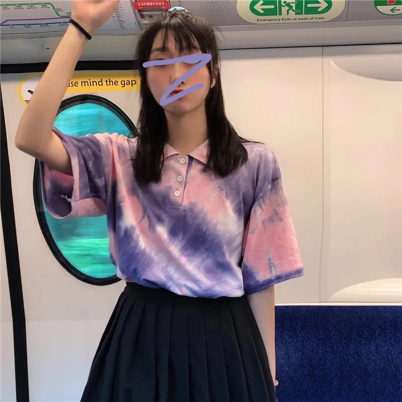 Летние футболки ulzzang в Корейском стиле Харадзюку с отложным воротником и