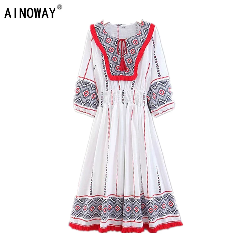 

Vintage Chic women Linen cotton Floral embroidery beach Bohemian midi dress Ladies tassel Summer Boho dress vestidos
