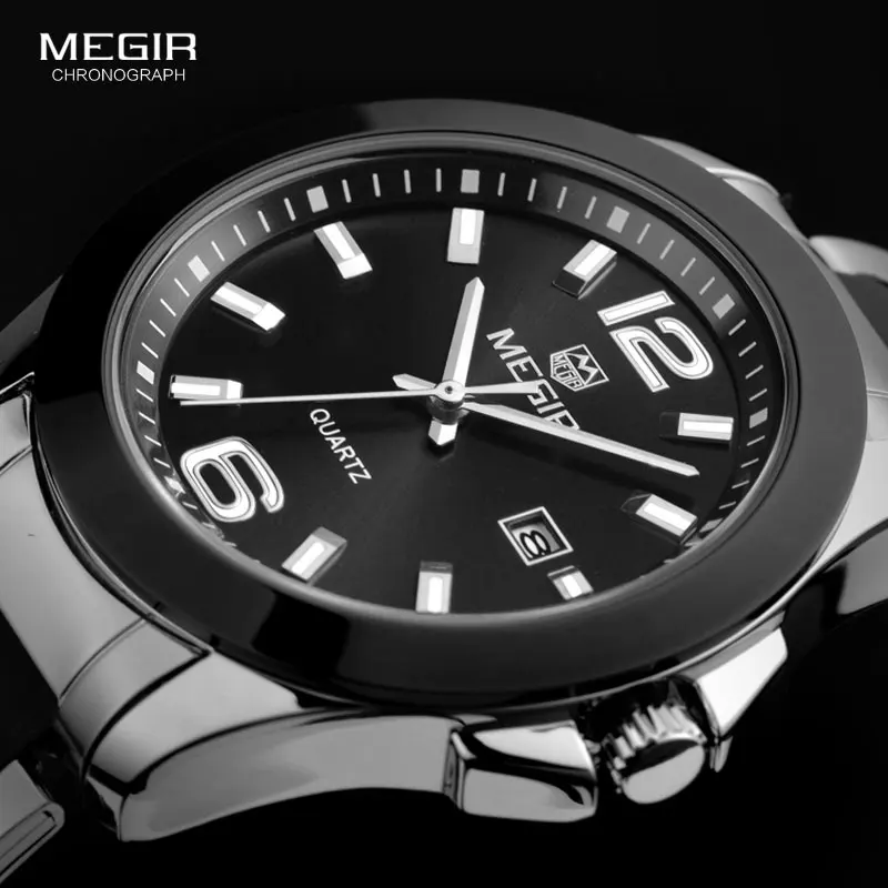 

MEGIR Men's Simple Minimalism Steel Quartz Wrist Watches Black Silver Analogue Dress Clock Relogio Masculino for Business Man