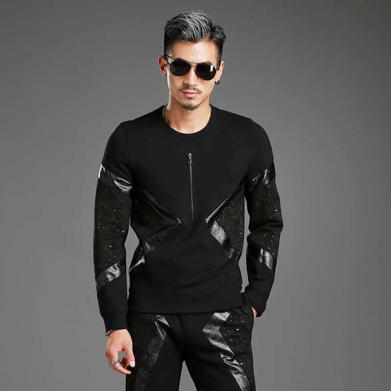 Spring Autumn PU Patchwork Hoodies 2PCS Sets with Joggers Pants Tracksuit Men Casual Slim Sweatshirt Pullover Trousers Suits Spring Autumn PU Patchwork Hoodies 2PCS Sets with Joggers Pants Tracksuit Men Casual Slim Sweatshirt Pullover Trousers Suits
