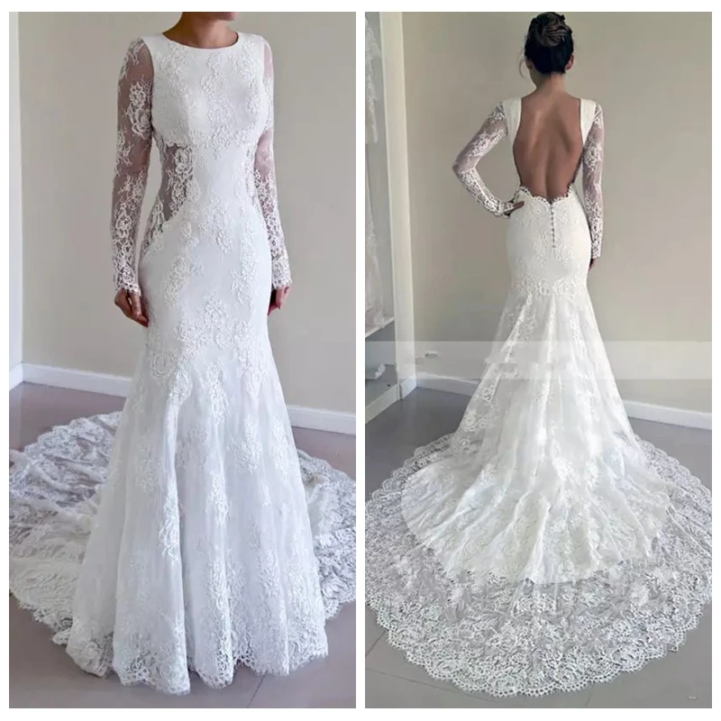 

Modest Long Sleeves 2019 Mermaid Wedding Dresses Backless Lace Appliques Slim Bridal Gowns Custom Plus Size Vestidos De Mariee