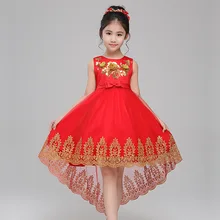 Элегантное Изысканное платье с вышивкой «Ласточкин хвост» и красными цветами для девочек; нарядное свадебное платье для девочек; Детские платья для причастия с золотыми блестками
