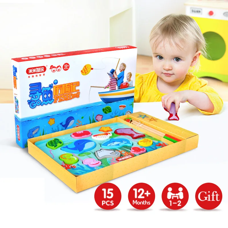 

12 Fishes + 2 Fishing Rods Wooden Children Toys Fish Magnetic Play Fishing Game Box Kids Educational Toy Christmas Gift Boy Girl