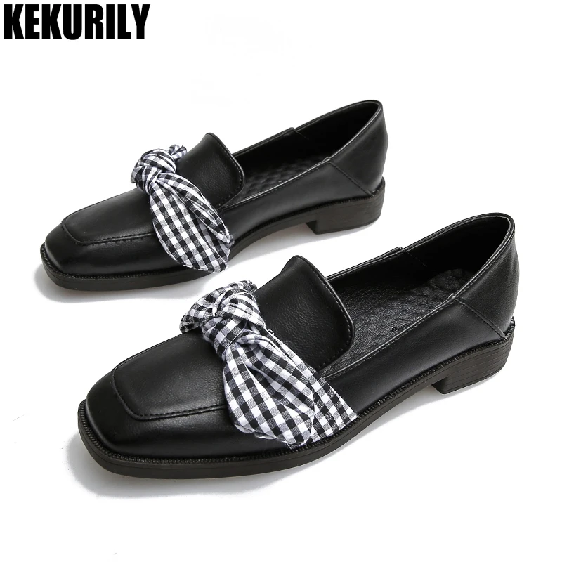 

Woman Shoes Butterfly knot Low heels Loafers Square toe Slip on Slides Plus size Platform Oxford Zapatos mujer Black Apricot