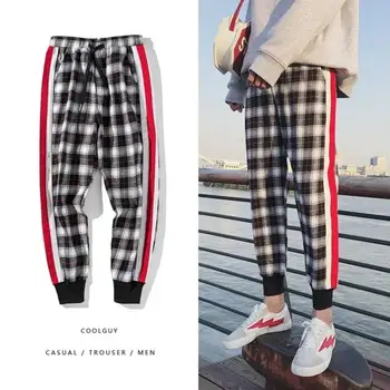 

2019 Men Cotton Plaid Trousers Slim Fit spring Men's Slim casual Long Pants Male Harem Jogger Pants High Street Hip Hop Pants
