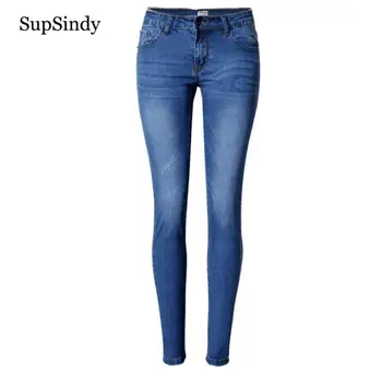 

SupSindy Women jeans European style Low-waist Wild Slim Elastic stretch skinny jeans for women Pencil pants denim trousers blue