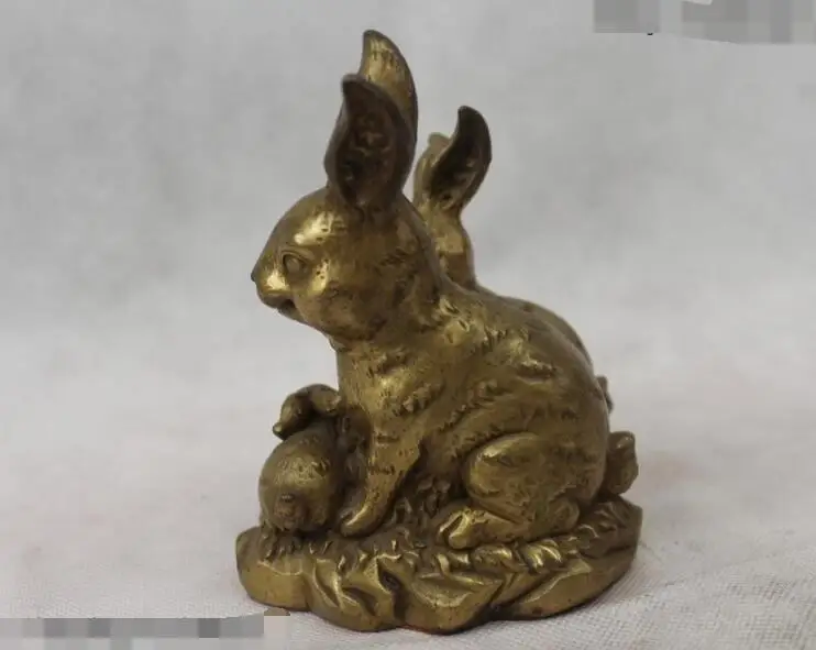 

S02835 5"Chinese Folk Fengshui Bronze Zodiac Year Money drawing Four rabbit Statue B0403