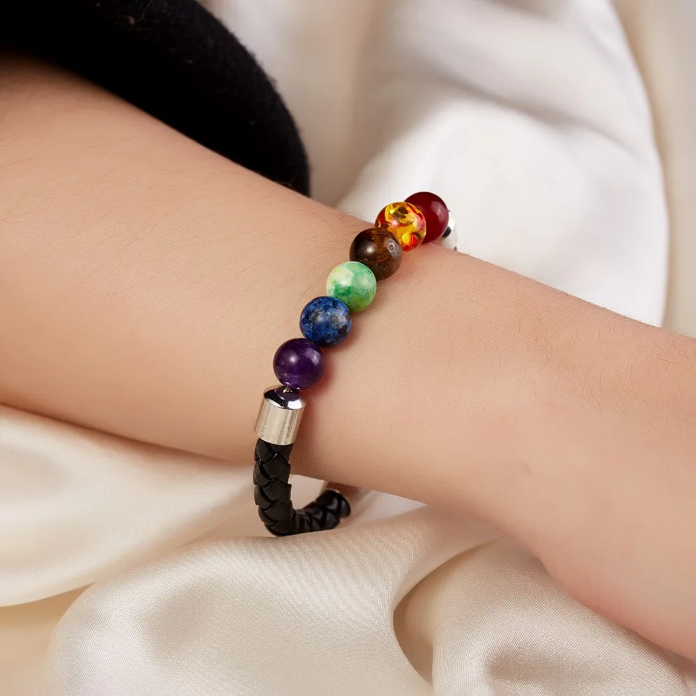 Rinhoo красочные семь чакр натуральный камень бисера кожаный магнит браслет для женщин подарок женский Шарм ювелирные изделия