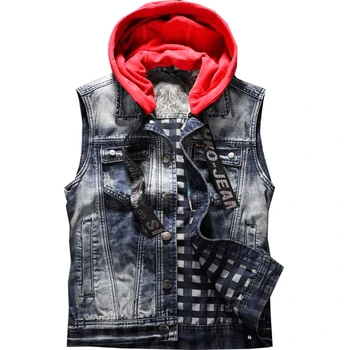 

2019 Spring Mens Denim Vests Casual Jeans red Hooded Jackets Sleeveless Coats Waistcoat Mens Brand Clothing