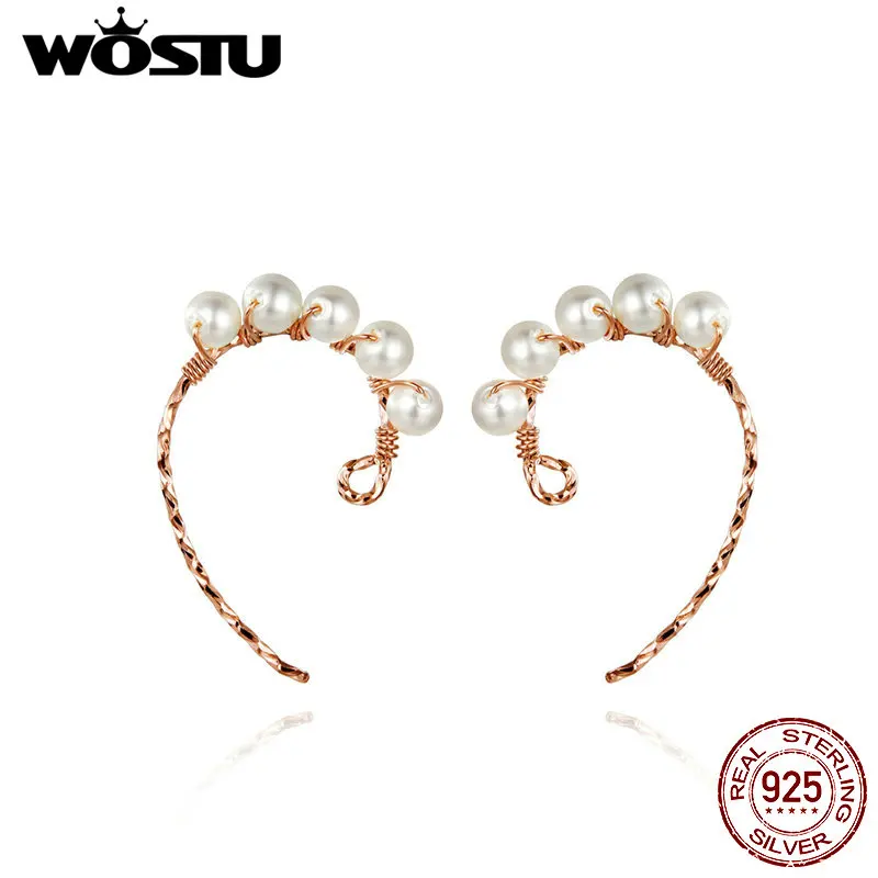 

WOSTU Rose Gold Freshwater Pearls Stud Earrings 925 Sterling Silver Heart Earrings For Women Wedding Love Gift Jewelry CQE614