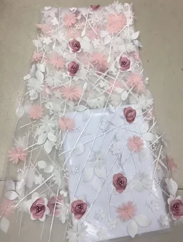 

(5yards/pc) very beautiful handmade 3D flowers appliqued tulle lace African French net lace fabric with beads for dress FLZ948