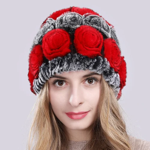 color 5 Зимние женские вязаные натуральный настоящий мех кролика шапки Теплые мягкие натуральная меховая шапка ручной вязки Цветочные настоящие меховые шапочки шапка - Цвет: color 5