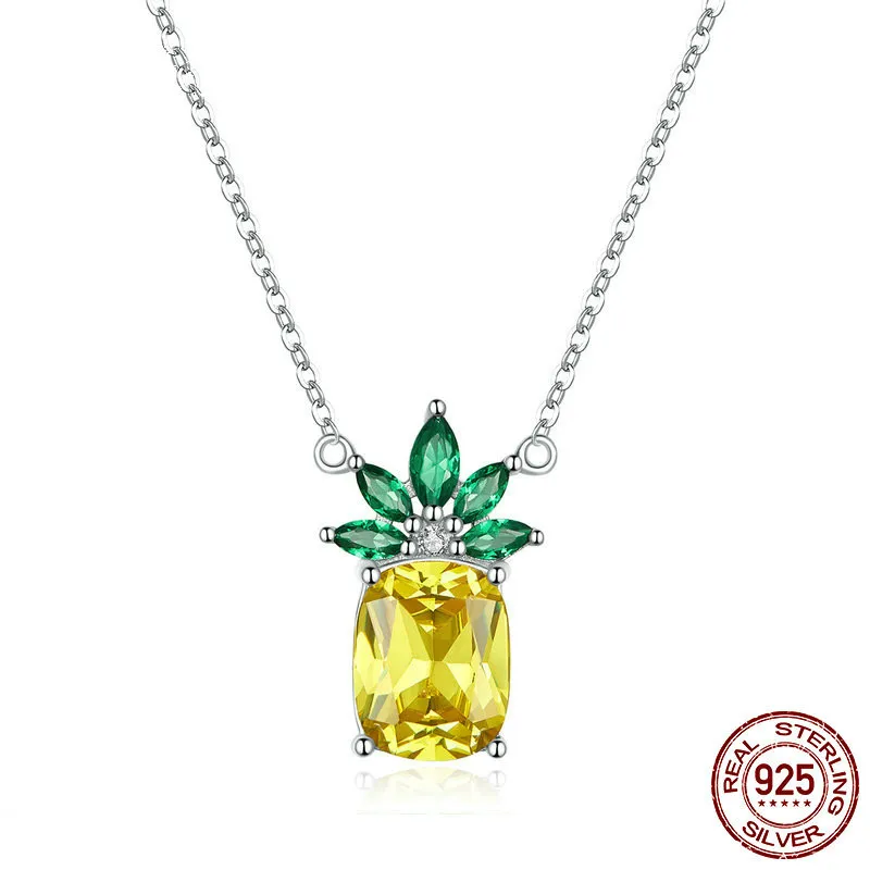 

Summer Pineapple Pendant Necklace S925 Silver Big Cubic Zirconia Fruit Short Necklaces For Women Statement Jewelry Bsn055