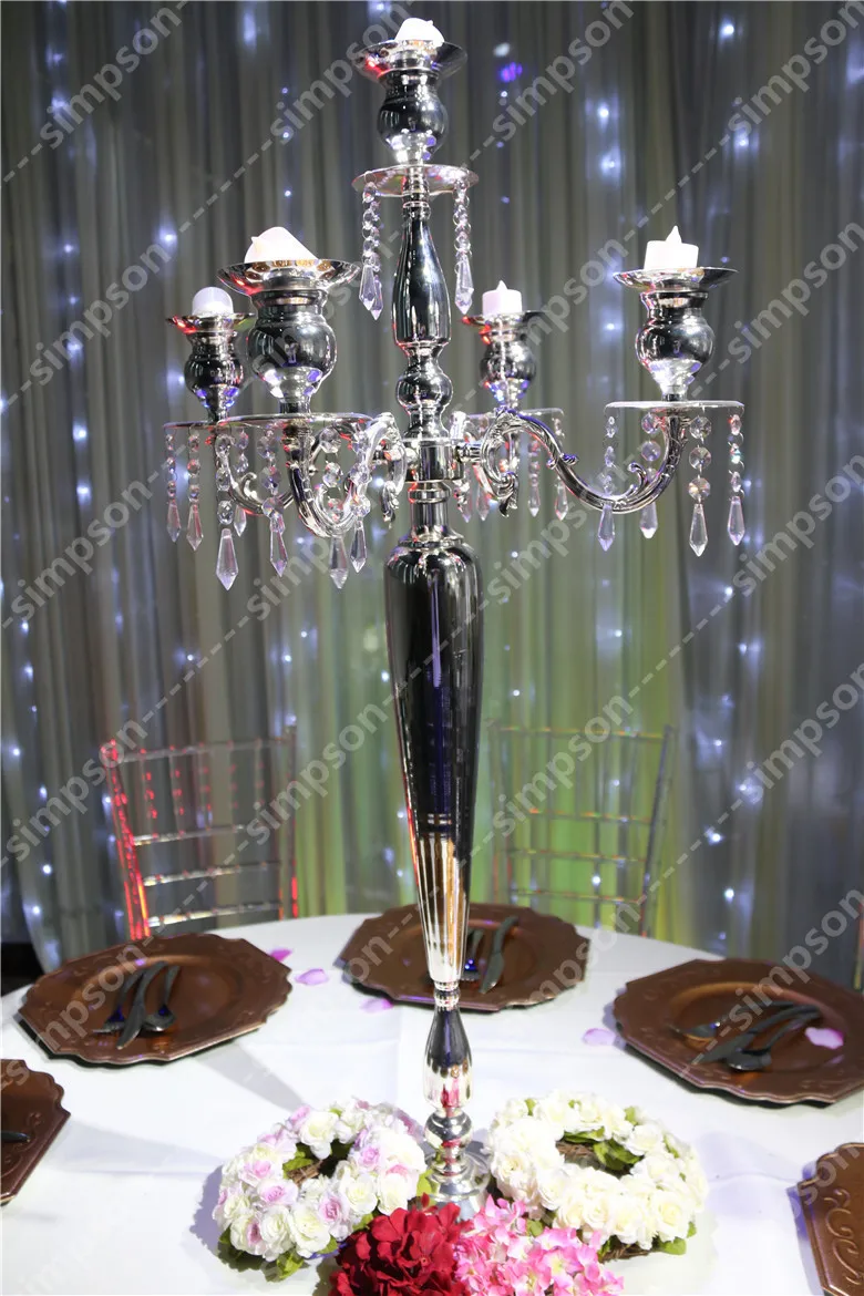 

4pcs/lot Free shipment Gorgeous metal 5 arms silver candelabra centerpiece 47'' tall for Wedding party Event Festival Decoration