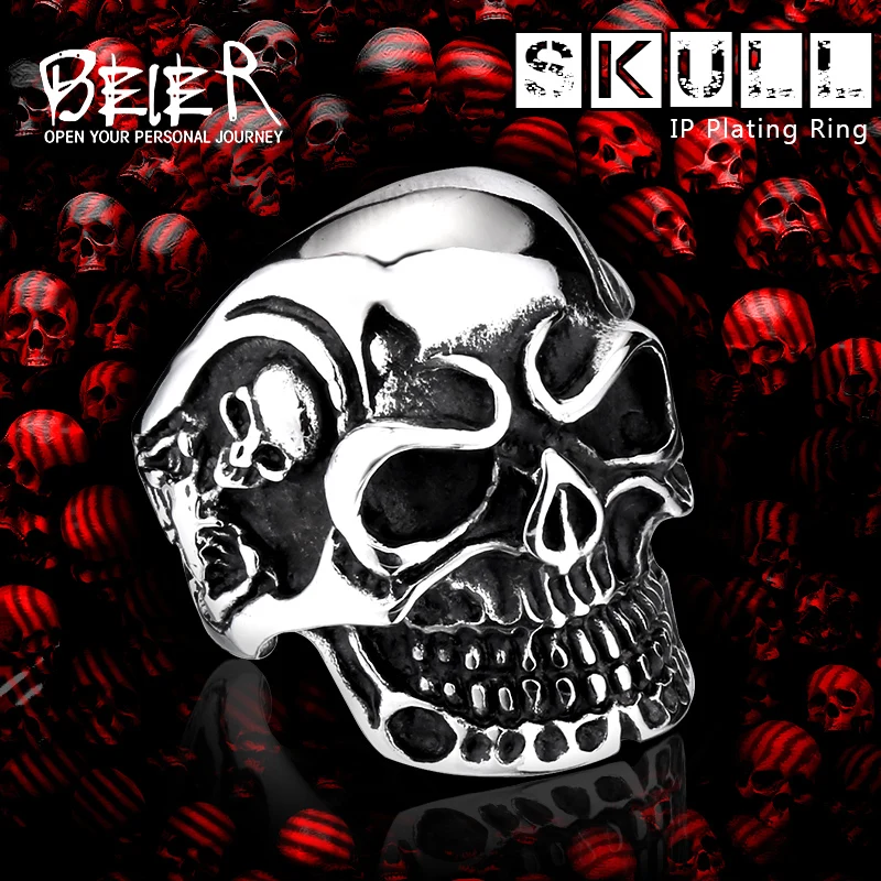 BEIER Dropshipping punk cool Fashion Stainless Steel Rings For Man Big Tripple Skull Product Punk Biker Jewelry Gift BR8-068