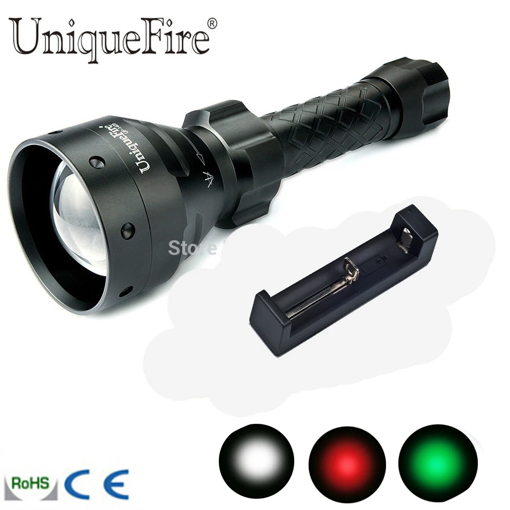 

UniqueFire Flashlight 1405-XPE Rechargeable Zoomable 300 Lumens 3 Modes Black Led Light Lamp(G/R/W Light)+18650 Charger
