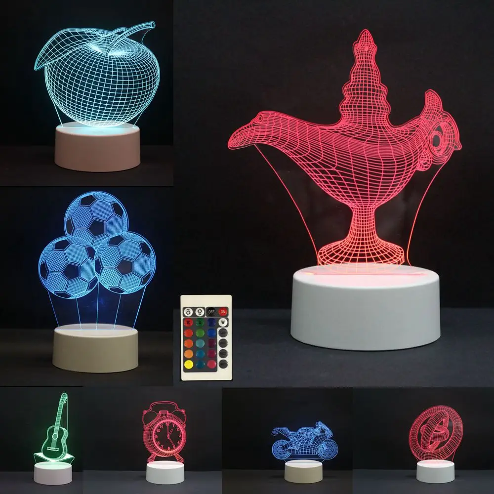 

3D LED Night Lights Aladdin Moto Guitar Ball 7 Color Change Hologram Atmosphere Novelty Lamp for Home Decor Visual Illusion Gift