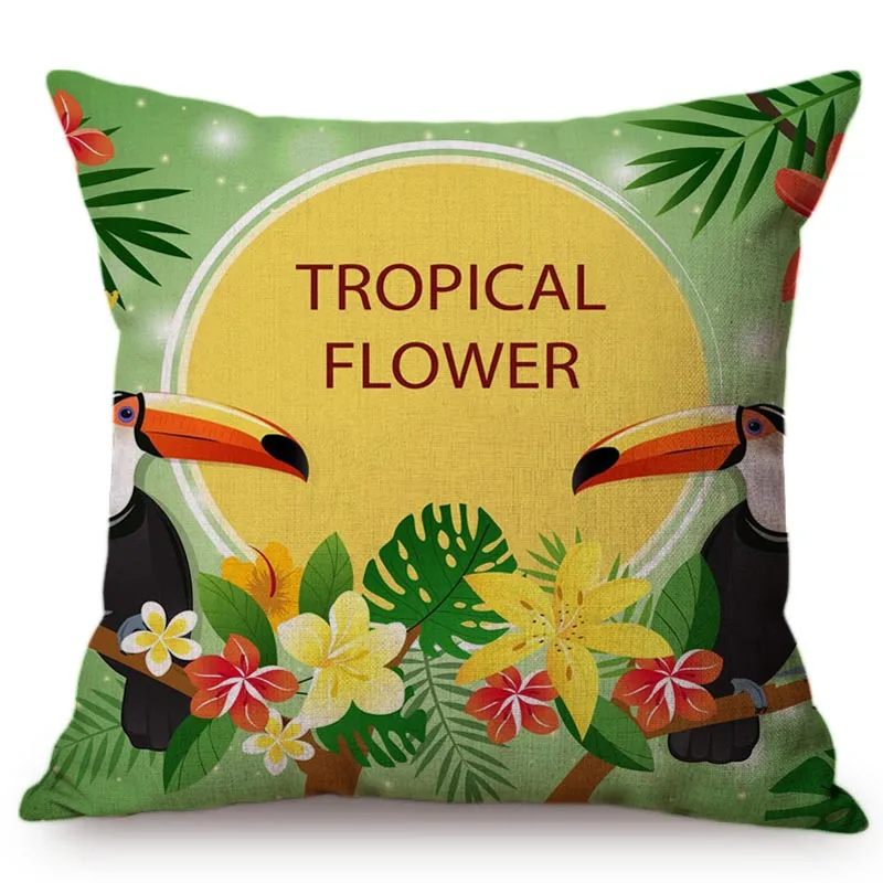 Наволочка для подушки с изображением тропических джунглей, фламинго, украшение для дома, наволочка для автомобиля, пальмовый лист, тукан, попугай, мягкие наволочки