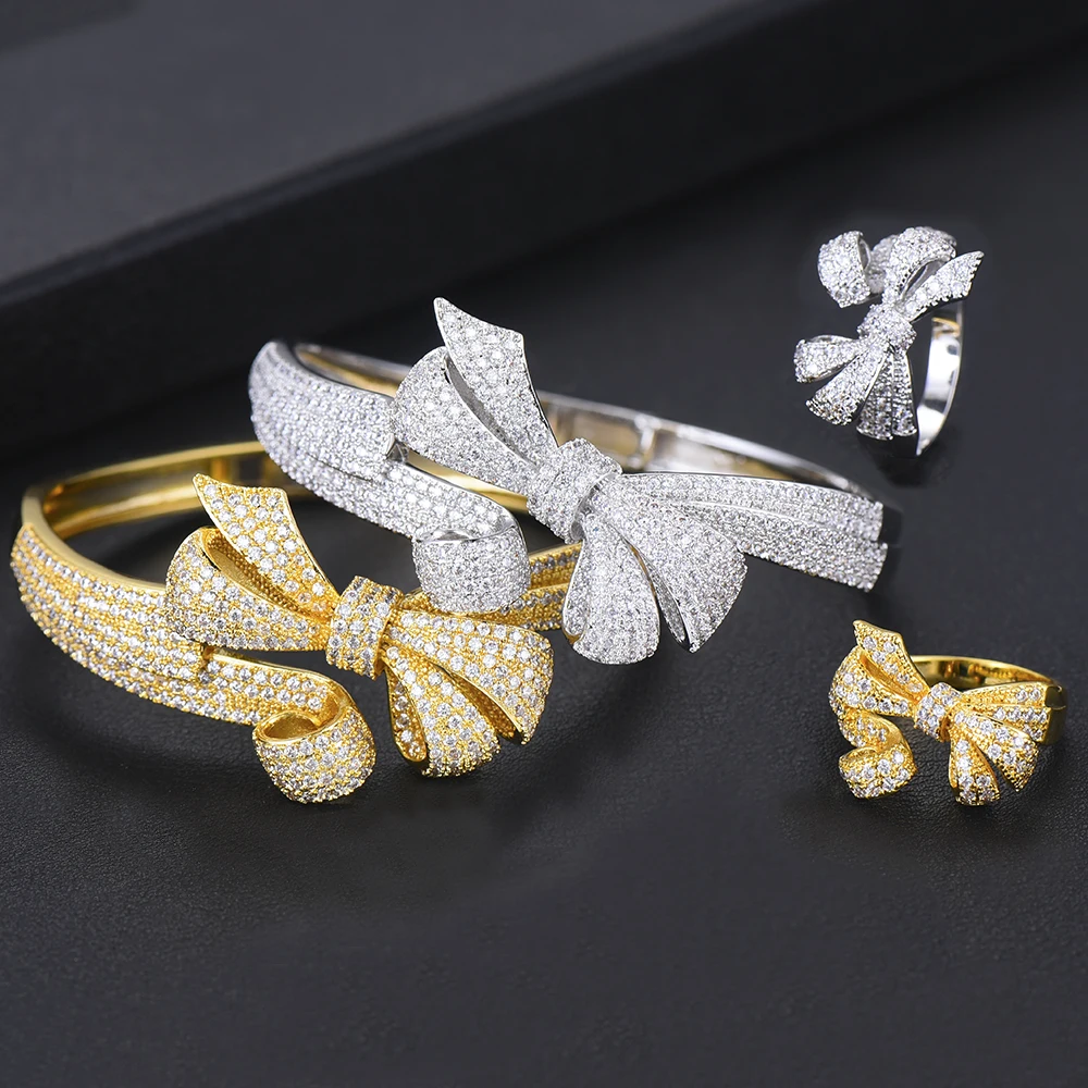 

missvikki Bowknot Shape Adjustable Openning Bangle Ring Set for Women Bridal Noble Wedding Engagement Valentine's Day Gift