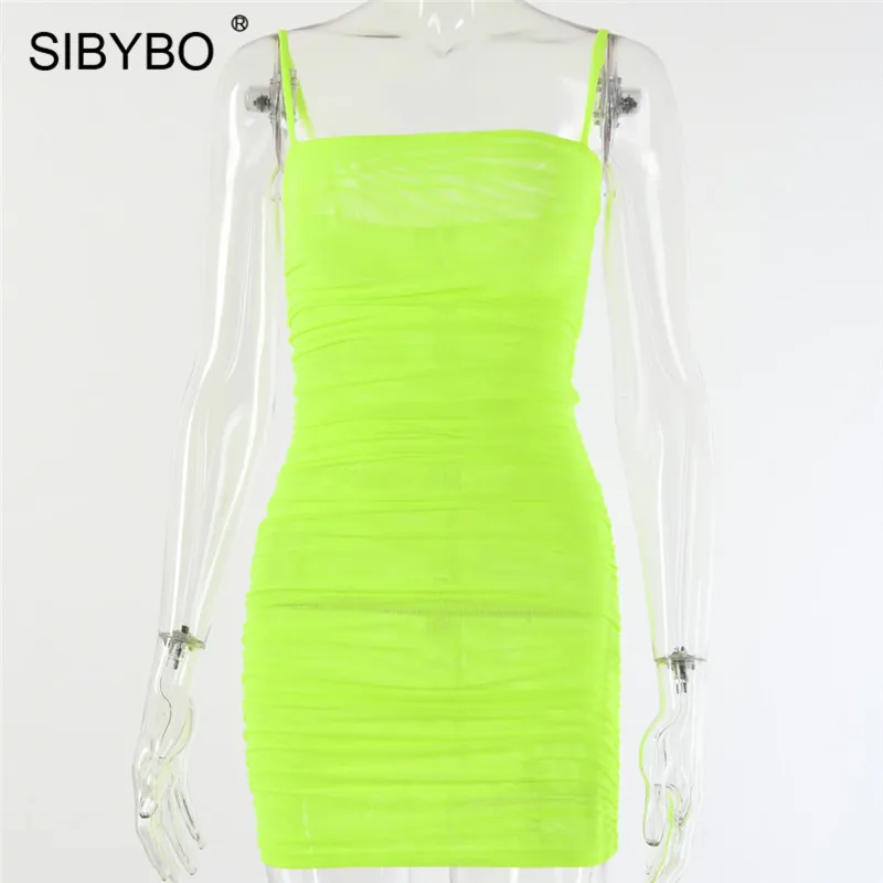 Sibybo, Сетчатое летнее платье без бретелек, женское, без рукавов, на тонких бретелях, сексуальное, мини-платье, с открытой спиной, Пляжное, вечернее платье, короткое - Цвет: Fluorescent green