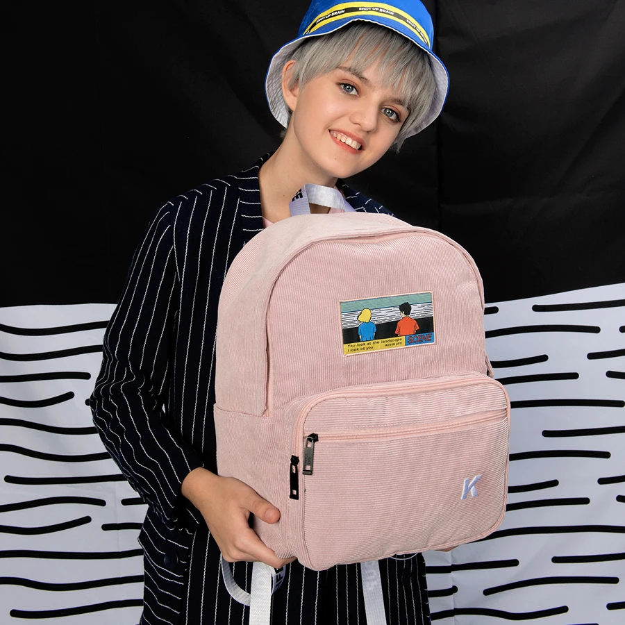 Креативные и практичные розовые и темно-синие вельветовые рюкзаки с вышивкой для школы и путешествий в серии сцен(FUN KIK